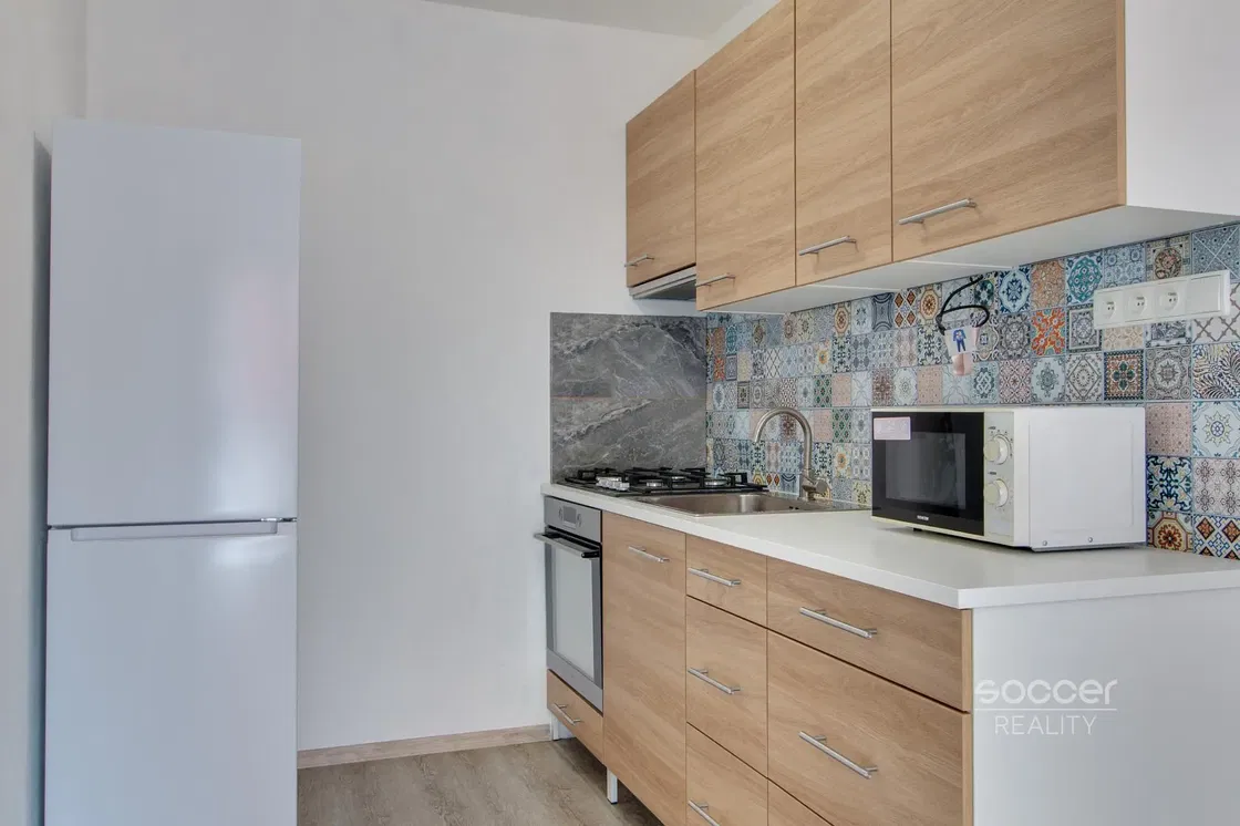 Kuchyně; kuchyňské spotřebiče, dřevěná podlaha, přirozené světlo, moderní styl