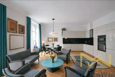 Kitchen; kitchen appliances, wood floor, natural light, modern style