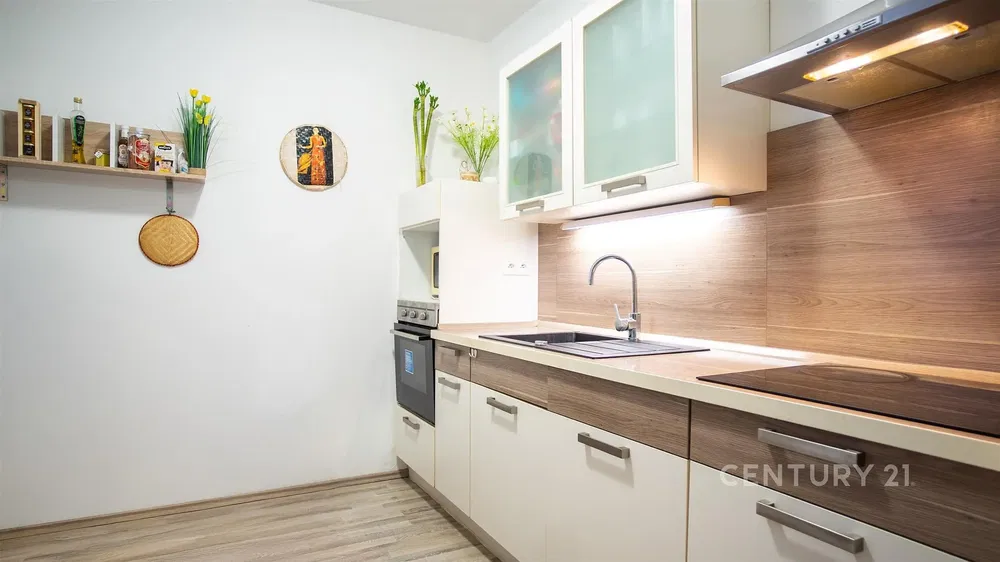 Kuhinja; kućanski aparati, pločice, prirodna svjetlost, moderan stil