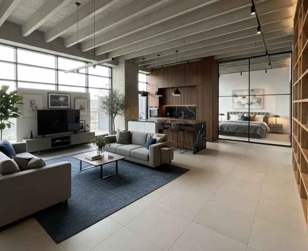 Кухня; кухненски уреди, дървен под, естествена светлина, модерен стил