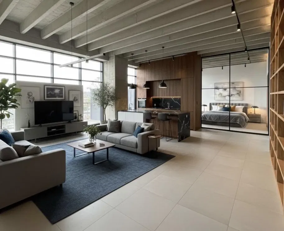 Кухня; кухненски уреди, дървен под, естествена светлина, модерен стил