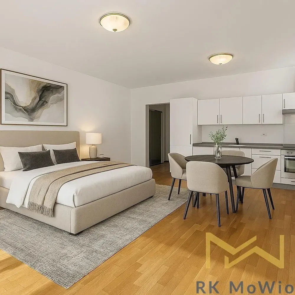 Kitchen; kitchen appliances, wood floor, natural light, modern style