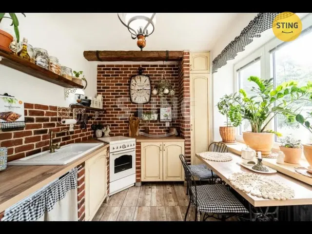Kitchen; kitchen appliances, tile floor, natural light, modern style