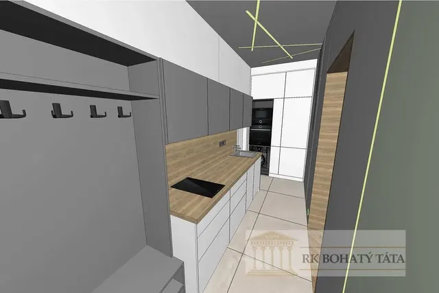 Kuchyně; kuchyňské spotřebiče, dřevěná podlaha, přirozené světlo, moderní styl