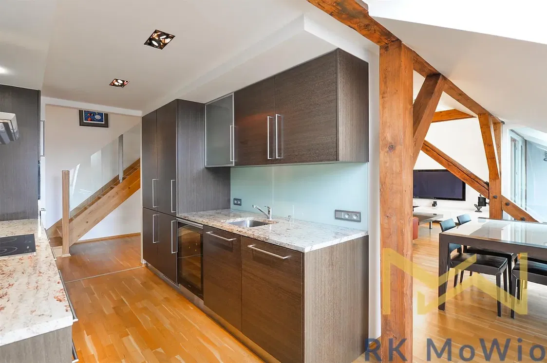 Kitchen; kitchen appliances, wood floor, natural light, modern style