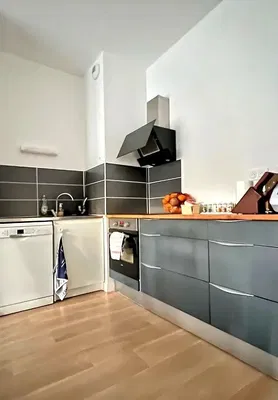 Kitchen; kitchen appliances, wood floor, natural light, modern style