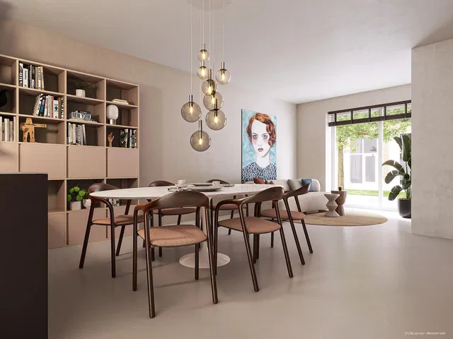 Kitchen; kitchen appliances, wood floor, natural light, modern style