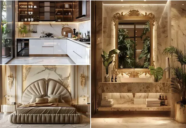 Kuchyně; kuchyňské spotřebiče, dřevěná podlaha, přirozené světlo, moderní styl