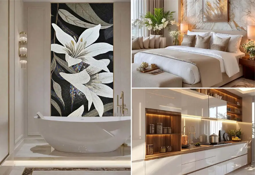 Kuchyně; kuchyňské spotřebiče, dřevěná podlaha, přirozené světlo, moderní styl