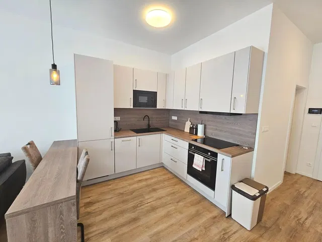 Cuisine; électroménager, parquet, lumière naturelle, style moderne