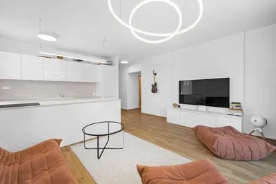 Kuchyně; kuchyňské spotřebiče, dřevěná podlaha, přirozené světlo, moderní styl