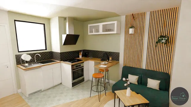 Cuisine; électroménager, parquet, lumière naturelle, style moderne