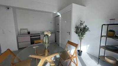 Kitchen; kitchen appliances, wood floor, natural light, modern style