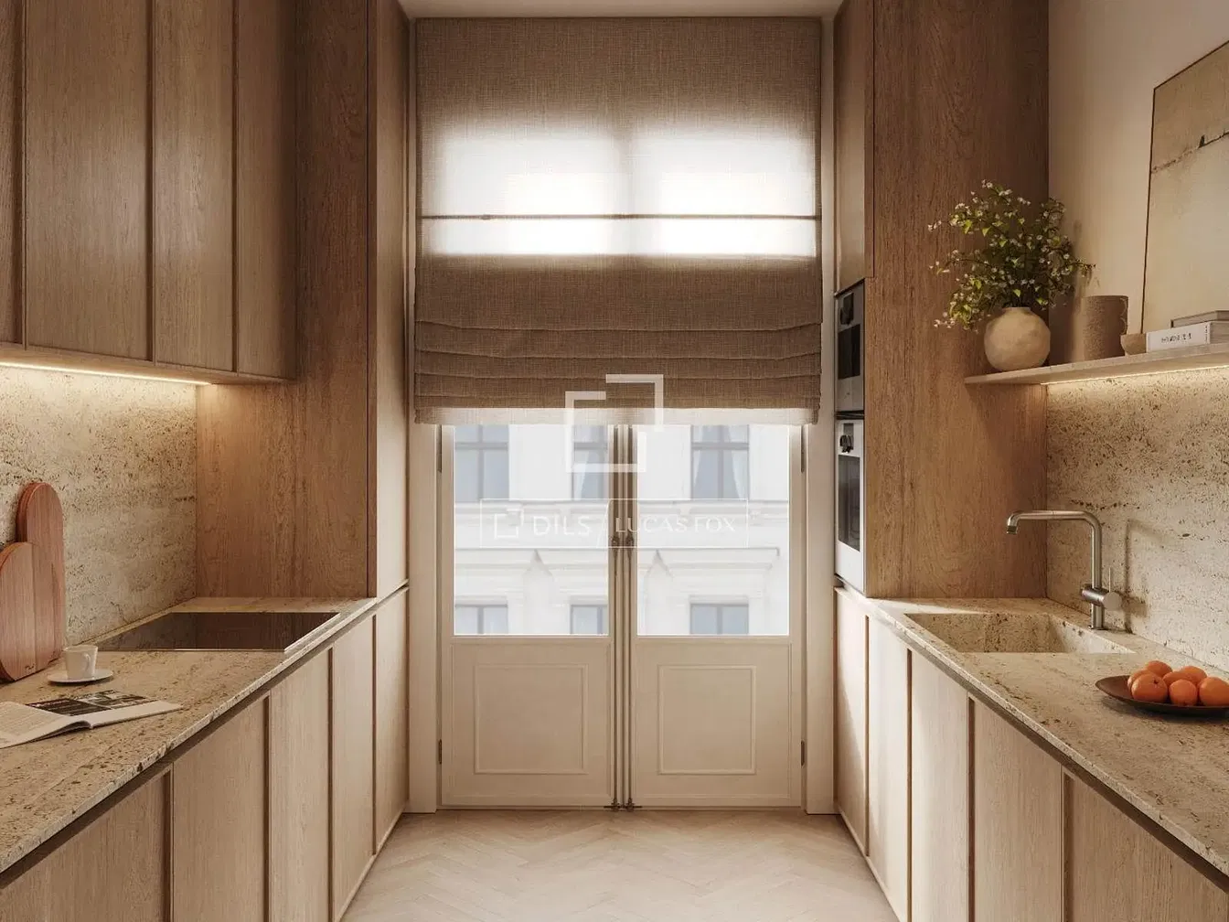 Küche; küchengeräte, holzboden, tageslicht, moderner stil