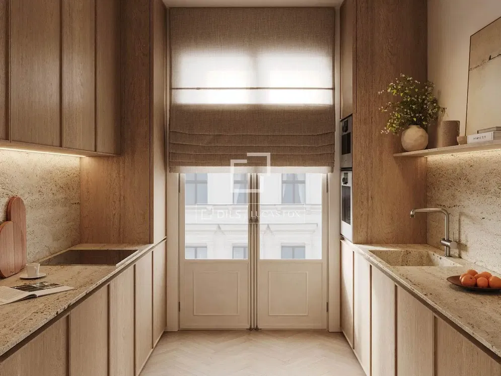 Küche; küchengeräte, holzboden, tageslicht, moderner stil