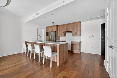 Kitchen; kitchen appliances, wood floor, natural light, modern style