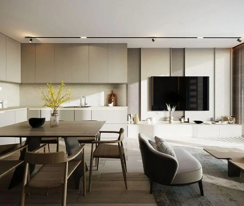 Cuisine; électroménager, parquet, lumière naturelle, style moderne