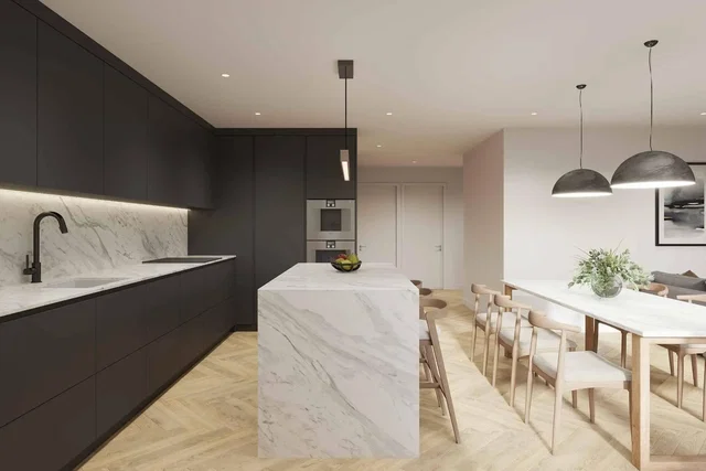 Cocina; electrodomésticos, suelo de madera, luz natural, estilo moderno