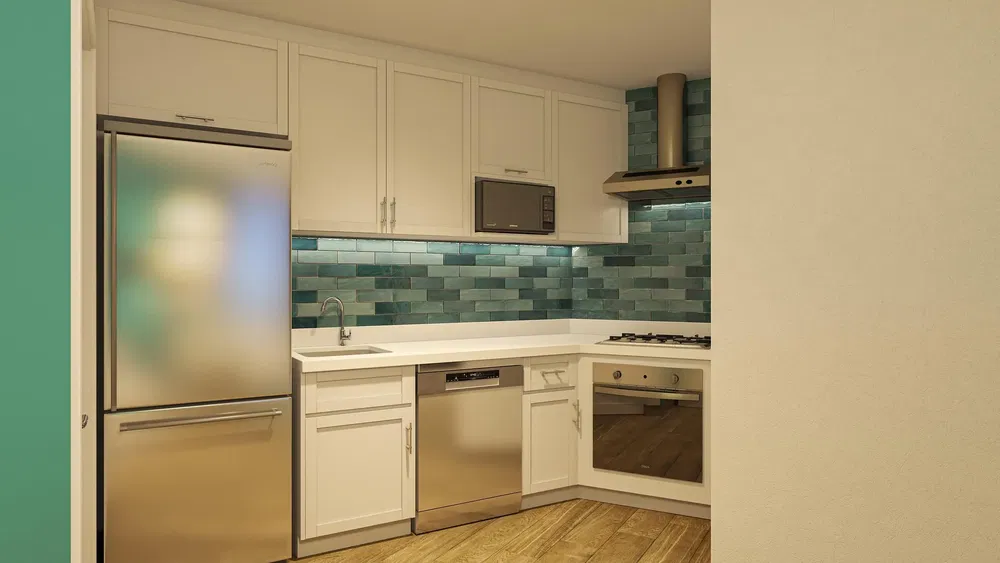 Mutfak; mutfak aletleri, ahşap zemin, doğal ışık, modern stil