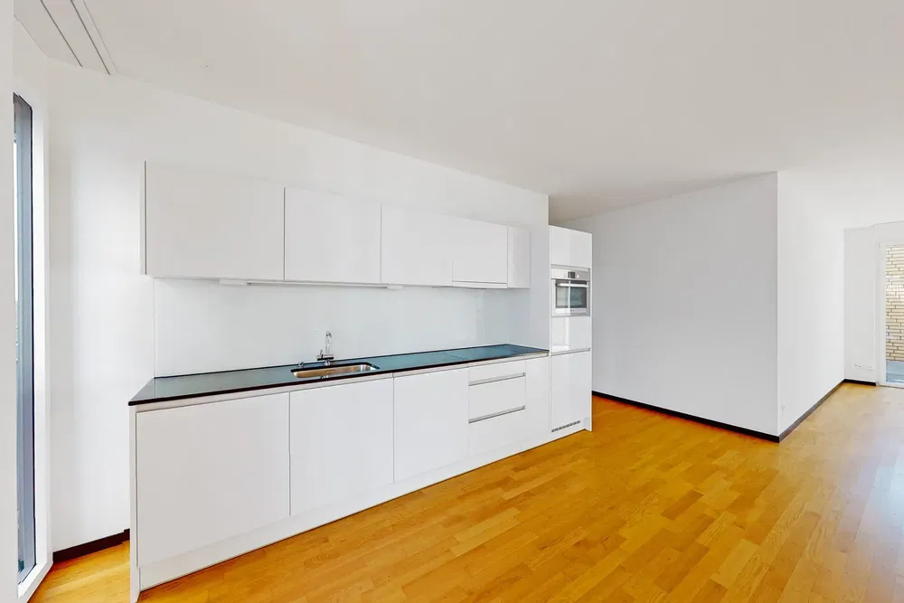 Kuhinja; kuhinjski aparati, drveni pod, prirodno svjetlo, moderni stil