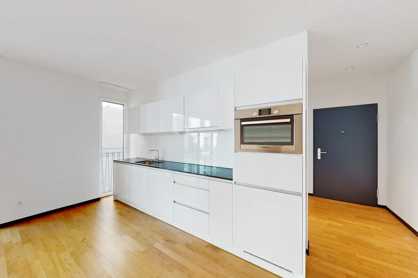 Kuhinja; kuhinjski aparati, drveni pod, prirodno svjetlo, moderni stil