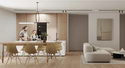 Keuken; keukenapparatuur, houten vloer, natuurlijk licht, moderne stijl