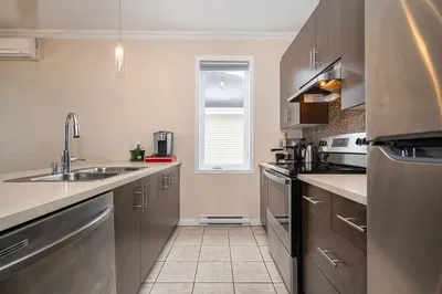 Kitchen; kitchen appliances, wood floor, natural light, modern style