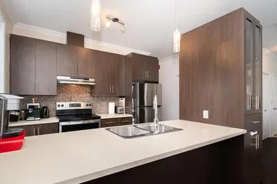 Kitchen; kitchen appliances, wood floor, natural light, modern style