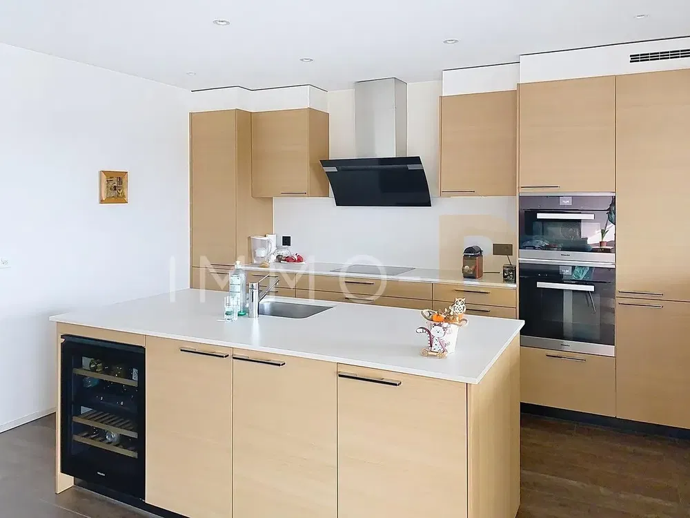 Cuisine; électroménager, parquet, lumière naturelle, style moderne