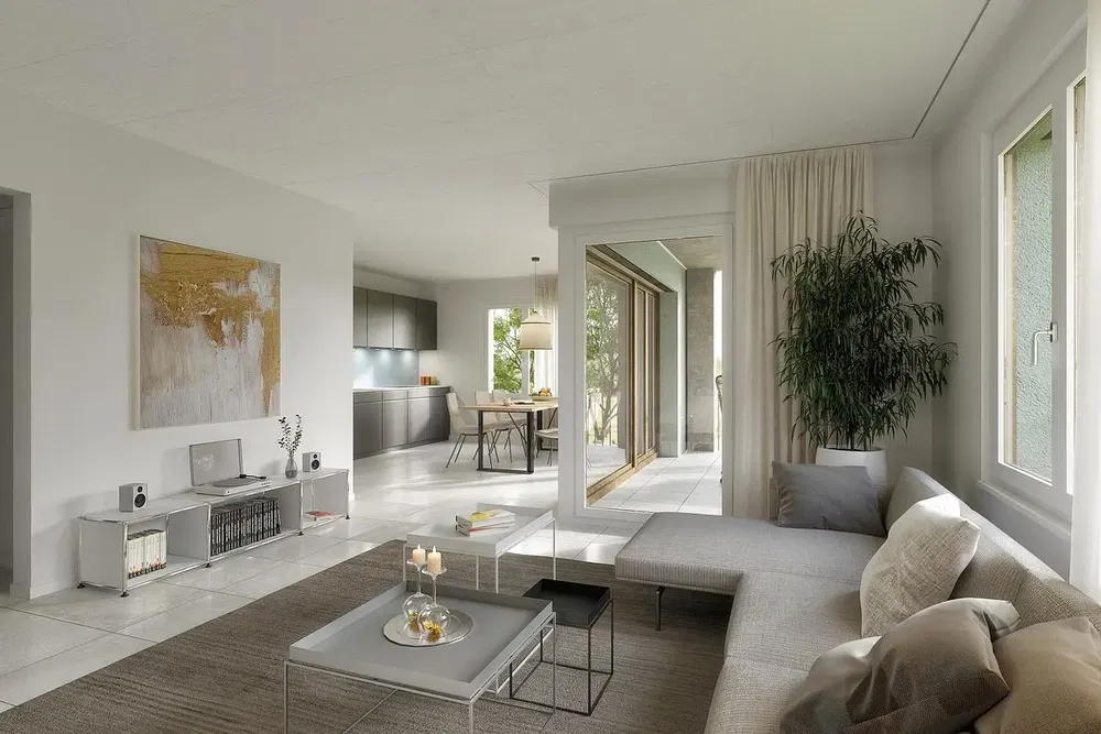 Cuisine; électroménager, carrelage, lumière naturelle, style moderne