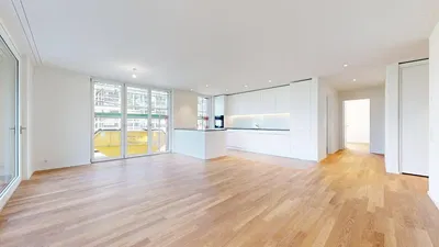 Kuhinja; kuhinjski aparati, drveni pod, prirodno svjetlo, moderni stil