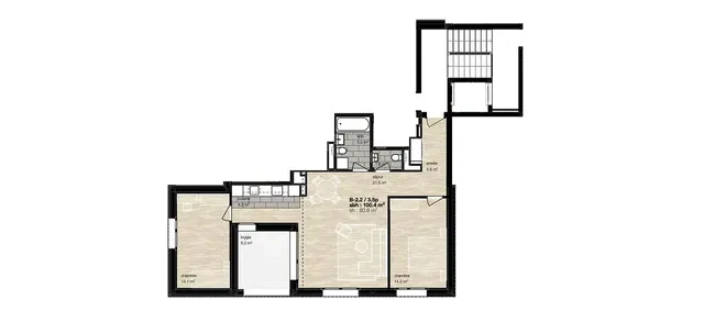 Keuken; keukenapparatuur, houten vloer, natuurlijk licht, moderne stijl