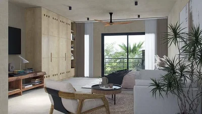 Keuken; keukenapparatuur, houten vloer, natuurlijk licht, moderne stijl