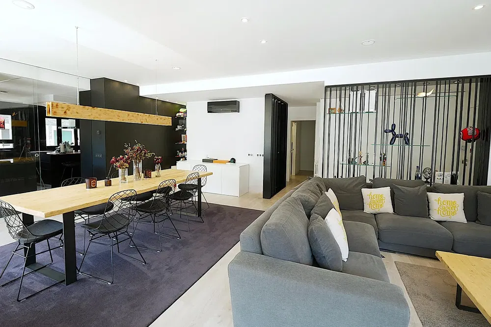 Kitchen; kitchen appliances, wood floor, natural light, modern style