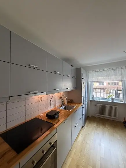 Küche; küchengeräte, holzboden, tageslicht, moderner stil