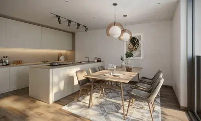 Cozinha; eletrodomésticos, chão de madeira, luz natural, estilo moderno