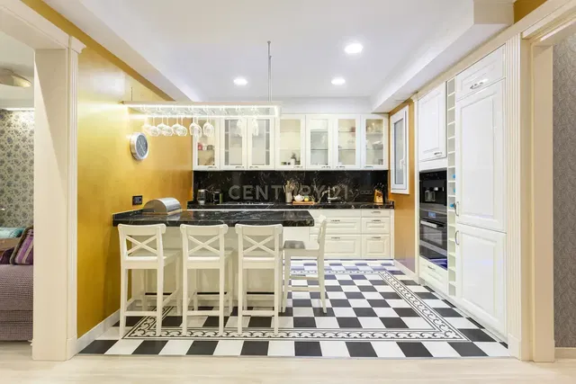 Kitchen; kitchen appliances, wood floor, natural light, modern style