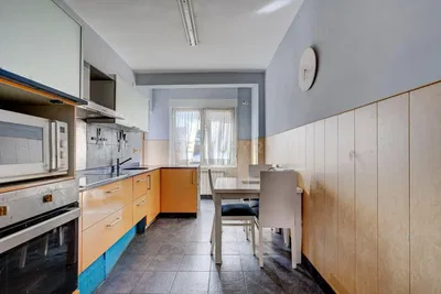 Kitchen; kitchen appliances, wood floor, natural light, modern style