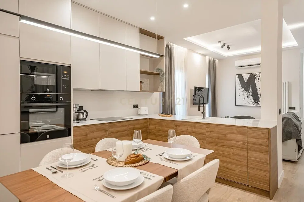 Kitchen; kitchen appliances, wood floor, natural light, modern style