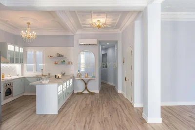 Keuken; keukenapparatuur, houten vloer, natuurlijk licht, moderne stijl