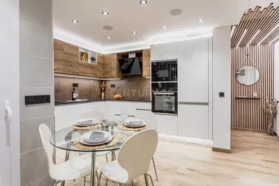 Keuken; keukenapparatuur, houten vloer, natuurlijk licht, moderne stijl