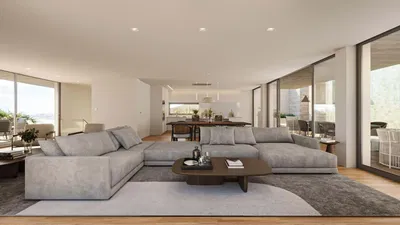 Kuhinja; kućanski aparati, drveni pod, prirodna svjetlost, moderan stil