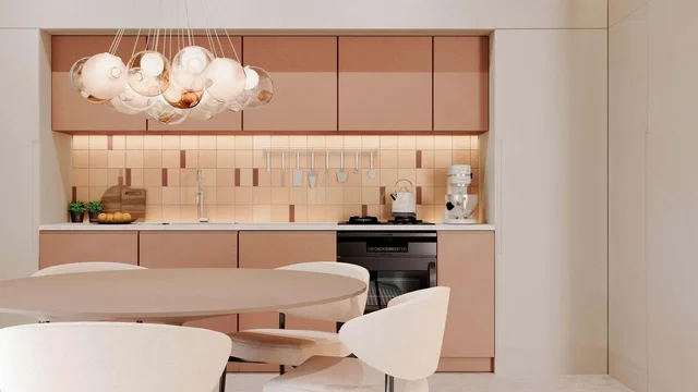 Kitchen; kitchen appliances, wood floor, natural light, modern style