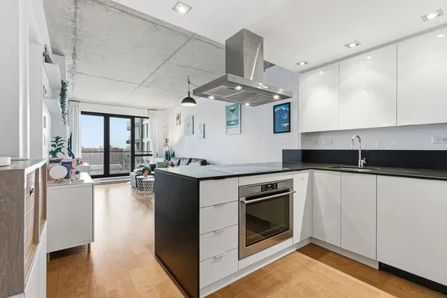 Κουζίνα; συσκευές κουζίνας, ξύλινο πάτωμα, φυσικό φως, μοντέρνο στυλ