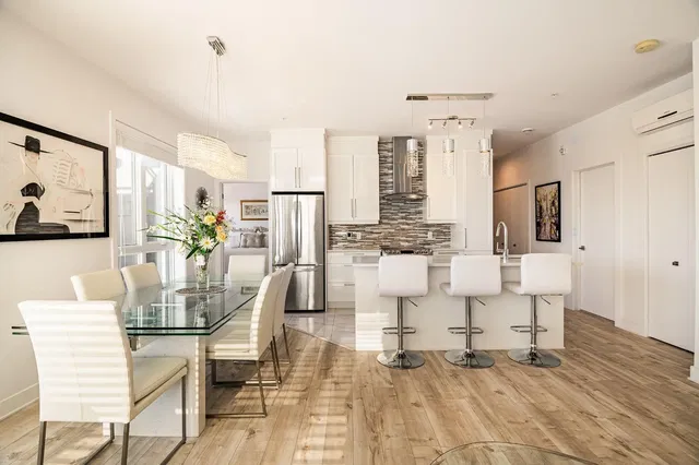 Kitchen; kitchen appliances, wood floor, natural light, modern style