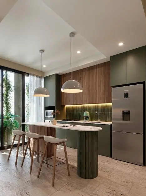 Cuisine; électroménager, parquet, lumière naturelle, style moderne