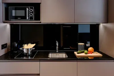 Kitchen; kitchen appliances, wood floor, natural light, modern style