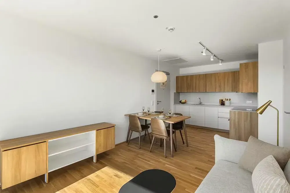 Cucina; elettrodomestici, pavimento in legno, luce naturale, stile moderno