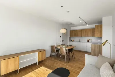 Cucina; elettrodomestici, pavimento in legno, luce naturale, stile moderno