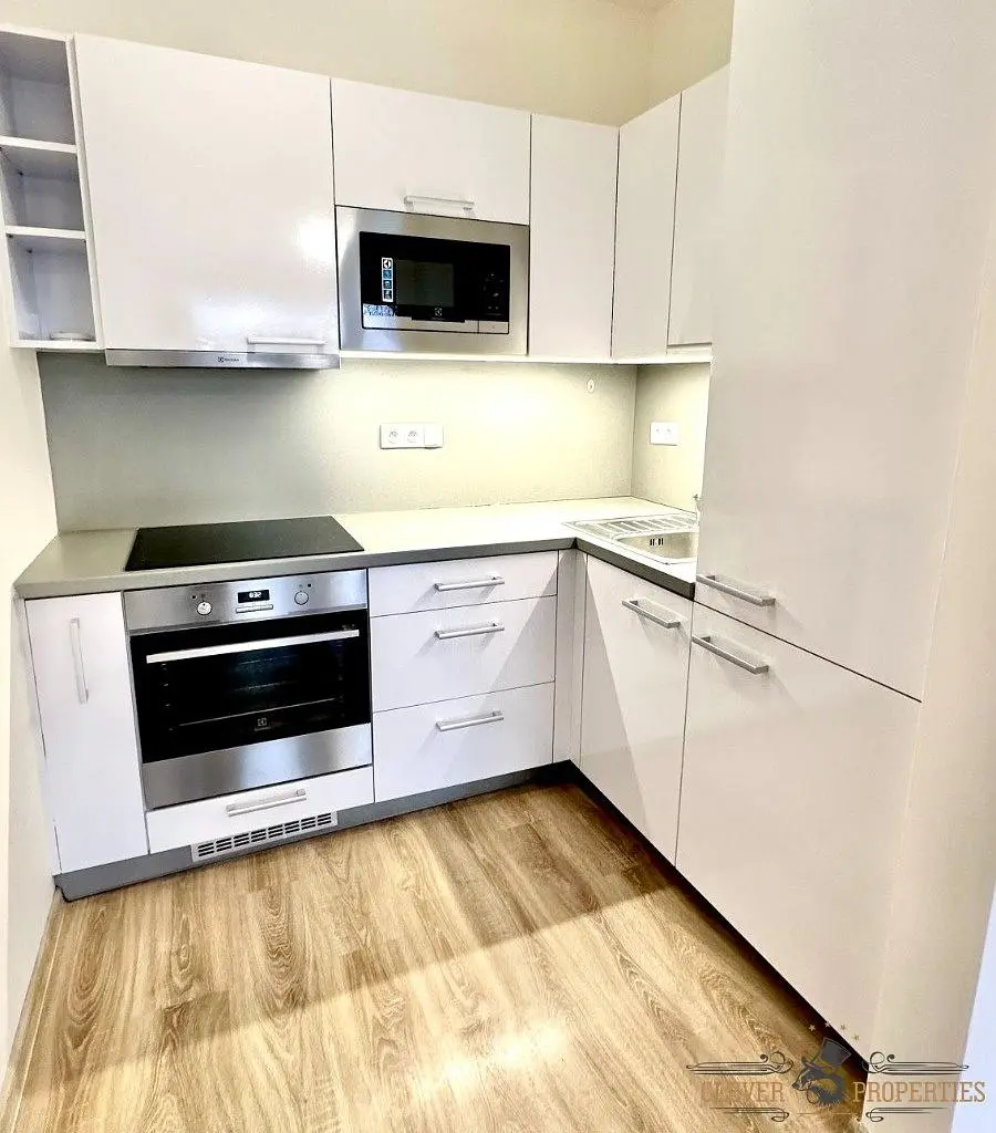 Кухня; кухненски уреди, дървен под, естествена светлина, модерен стил